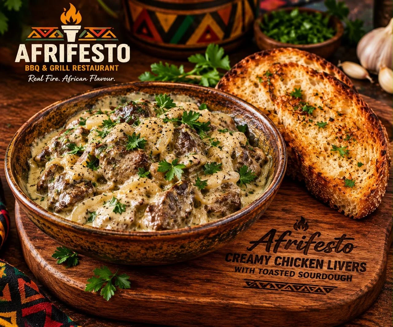 Creamy chicken livers served with toasted sourdough