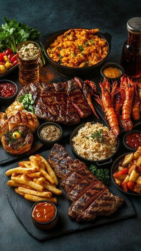 Steak, prawns, rice, chips and chargrilled accompaniments