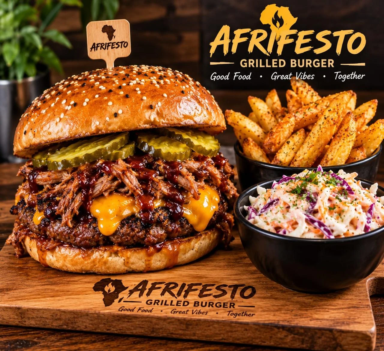 Afrifesto grilled burger served with chips and slaw