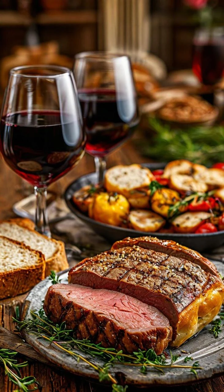 Fire-roasted beef served with vegetables and wine
