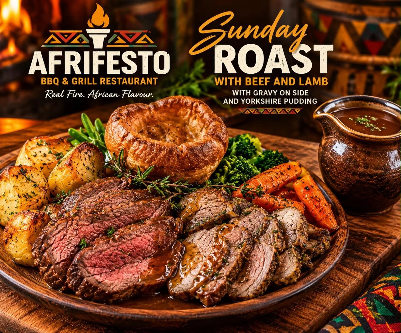 Afrifesto beef and lamb Sunday roast with Yorkshire pudding